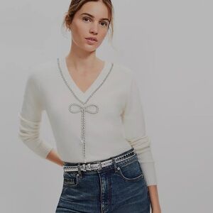 LOFT White V-Neck Sweater with Silver Bow Embellishments